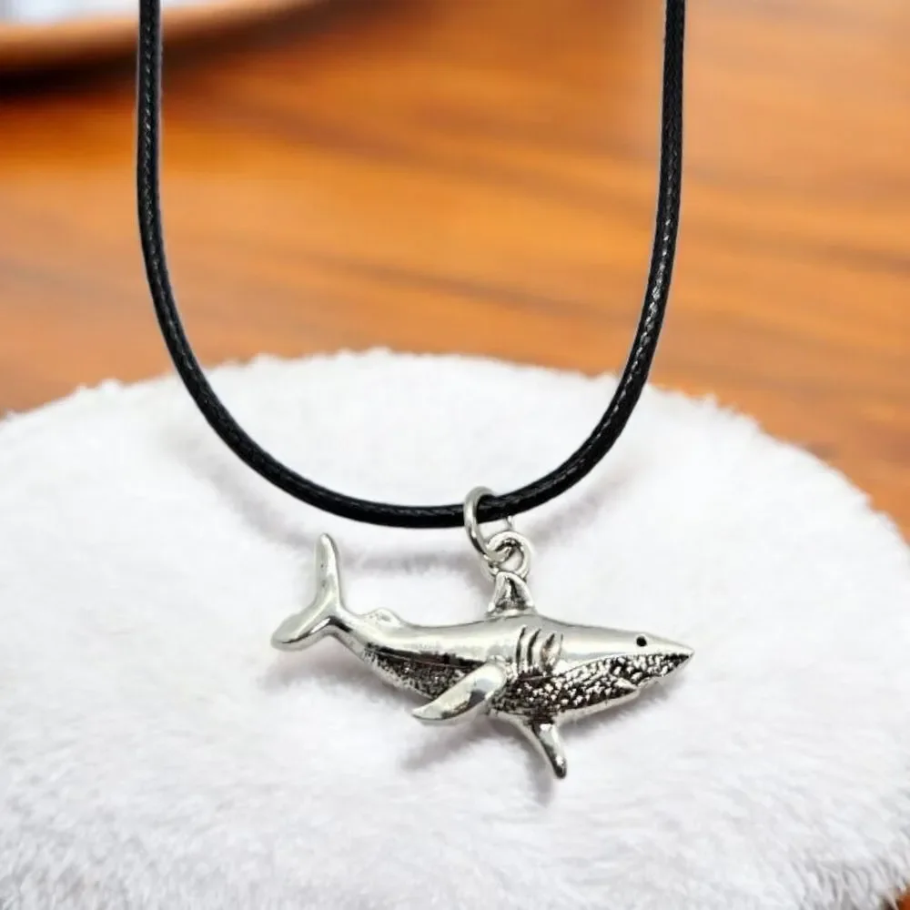 Silver Shark Pendant Nautical Ocean Necklace Black Corded Sea Creature Jewelry